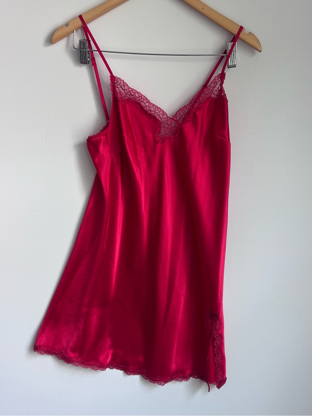 Victoria's Secret Satin Slip Chemise in Bright Red with Lace Trim